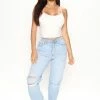 Fashion Nova Play Back Ripped Straight Leg Jeans - Light Blue Wash