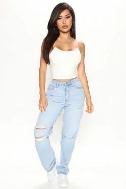Fashion Nova Play Back Ripped Straight Leg Jeans - Light Blue Wash