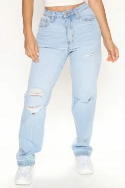 Fashion Nova Play Back Ripped Straight Leg Jeans - Light Blue Wash