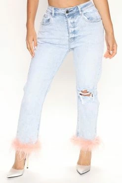 Fashion Nova Paulette Feather Trim Mid Rise Mom Jeans - Pink/combo