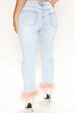 Fashion Nova Paulette Feather Trim Mid Rise Mom Jeans - Pink/combo