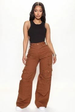 Fashion Nova Lily High Rise Cargo Jeans - Brown Baggy Jeans