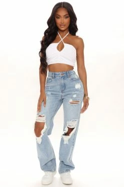 Fashion Nova Go Bestie Ripped Straight Leg Jeans - Light Blue Wash