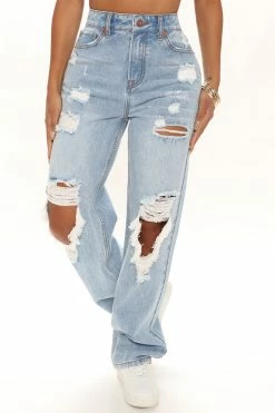 Fashion Nova Go Bestie Ripped Straight Leg Jeans - Light Blue Wash