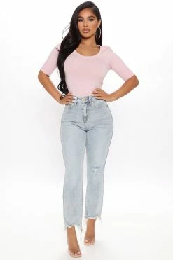 Fashion Nova Time Out Crossover Distressed Vintage Ankle Jeans - Light Blue Wash