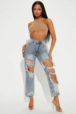 Fashion Nova Pay Up Ripped Boyfriend Jeans - Light Blue Wash