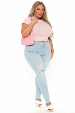 Fashion Nova Manchester Vintage Stretch Fray Hem Skinny Jeans - Light Blue Wash