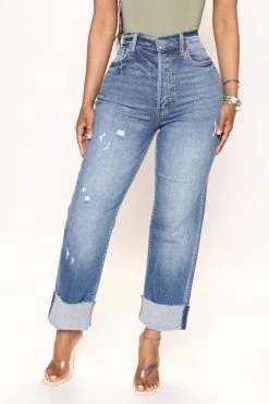 Fashion Nova Two To Tango Cuffed Straight Leg Jeans - Medium Wash