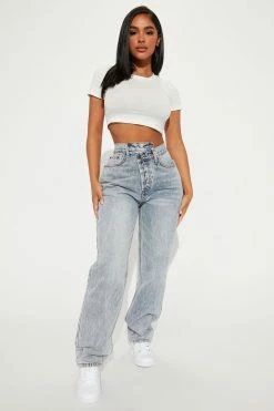 Fashion Nova Petite Crossover Straight Leg Jeans - Light Wash Skinny Jeans