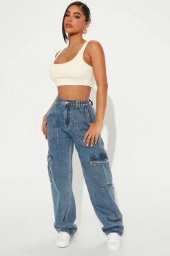 Fashion Nova Petite Don't You Worry Wide Leg Carpenter Jeans - Medium Blue Wash Skinny Jeans