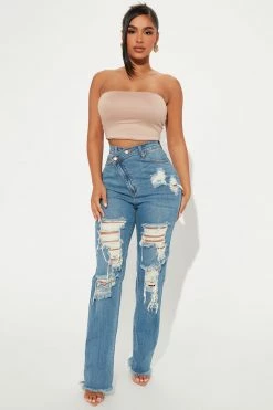 Fashion Nova Petite Don't Get Crossed Over Slouch Fit Jeans - Medium Blue Wash