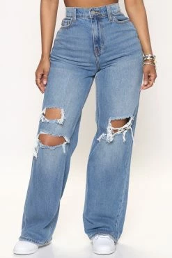 Fashion Nova Double Dutch Ripped Straight Leg Jeans - Medium Blue Wash