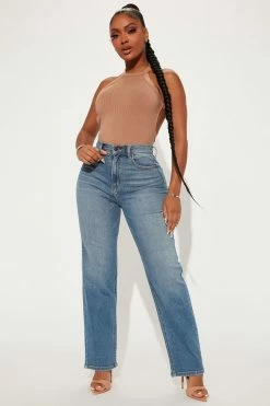 Fashion Nova Uptown Stretch High Rise Straight Leg Jeans - Medium Blue Wash