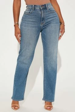 Fashion Nova Uptown Stretch High Rise Straight Leg Jeans - Medium Blue Wash