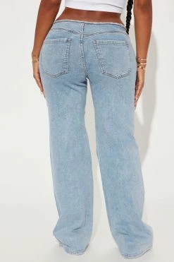 Fashion Nova Again And Again Cut Off Waistband Jeans - Medium Blue Wash Straight Leg Jeans