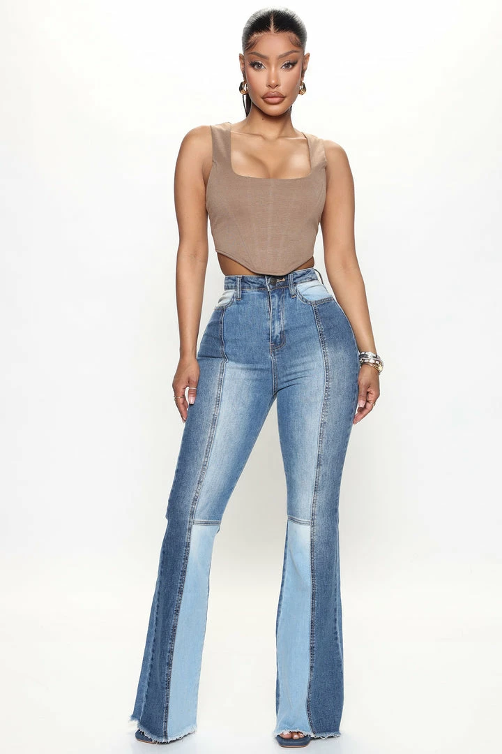 Fashion Nova Baby Don't Go Two Tone Flare Jeans - Medium Wash