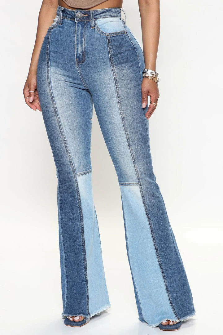 Fashion Nova Baby Don't Go Two Tone Flare Jeans - Medium Wash