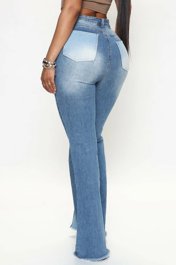 Fashion Nova Baby Don't Go Two Tone Flare Jeans - Medium Wash