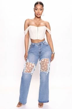 Fashion Nova Fresh As A Daisy Floral Straight Leg Jeans - Medium Wash