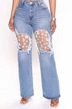 Fashion Nova Fresh As A Daisy Floral Straight Leg Jeans - Medium Wash