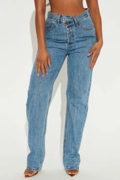 Fashion Nova Tall Crossover Straight Leg Jeans - Medium Wash Skinny Jeans