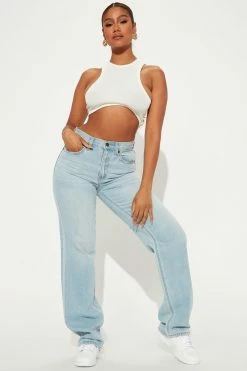 Fashion Nova Tacked Hem Straight Leg Jean - Light Blue Wash Straight Leg Jeans
