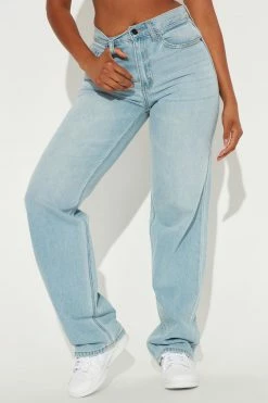 Fashion Nova Tacked Hem Straight Leg Jean - Light Blue Wash Straight Leg Jeans