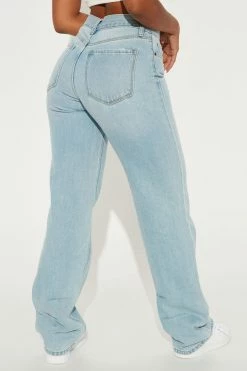 Fashion Nova Tacked Hem Straight Leg Jean - Light Blue Wash Straight Leg Jeans