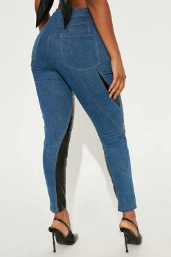 Fashion Nova Twist Of Fate Faux Leather Skinny Jeans - Medium Blue Wash
