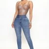 Fashion Nova Send It Stacked Waistband Skinny Jeans - Medium Wash