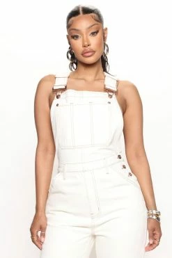 Fashion Nova Baggy Jeans Leila Loose Fit Denim Overalls - Oatmeal