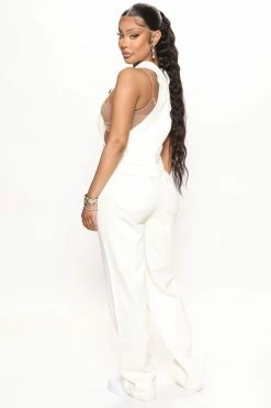 Fashion Nova Baggy Jeans Leila Loose Fit Denim Overalls - Oatmeal