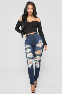 Fashion Nova Skinny Jeans On The Level High Rise Distressed Jeans - Dark Denim
