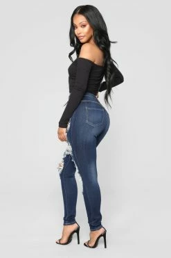 Fashion Nova Skinny Jeans On The Level High Rise Distressed Jeans - Dark Denim