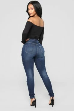 Fashion Nova Skinny Jeans On The Level High Rise Distressed Jeans - Dark Denim