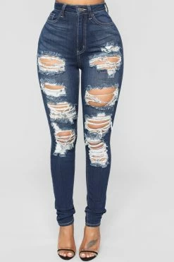 Fashion Nova Skinny Jeans On The Level High Rise Distressed Jeans - Dark Denim