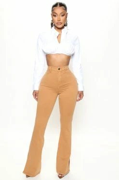 Fashion Nova Deep In My Soul Side Slit Flare Jeans - Camel