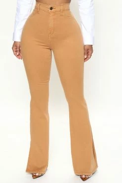 Fashion Nova Deep In My Soul Side Slit Flare Jeans - Camel