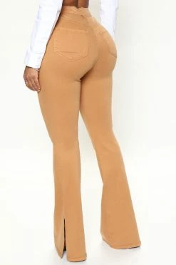 Fashion Nova Deep In My Soul Side Slit Flare Jeans - Camel