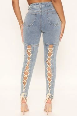 Fashion Nova Out To Play Lace Up Skinny Jeans - Medium Blue Wash