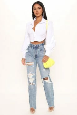 Fashion Nova Straight Leg Jeans Sweet Sweet Love Straight Leg Boyfriend Jeans - Medium Blue Wash