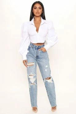 Fashion Nova Straight Leg Jeans Sweet Sweet Love Straight Leg Boyfriend Jeans - Medium Blue Wash