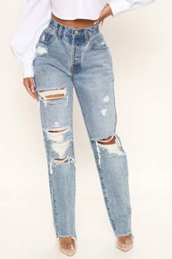 Fashion Nova Straight Leg Jeans Sweet Sweet Love Straight Leg Boyfriend Jeans - Medium Blue Wash