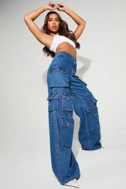 Fashion Nova Lily High Rise Cargo Jeans - Medium Blue Wash Baggy Jeans