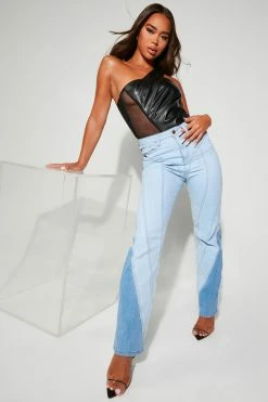 Fashion Nova Make It Hot Two Tone Straight Leg Jeans - Light Blue