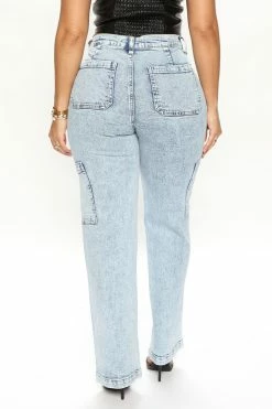 Fashion Nova Past Curfew Utility Straight Leg Jeans - Vintage Blue Wash