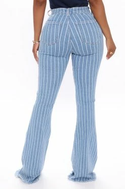 Fashion Nova Crossed The Line Striped Flare Jeans - Light Blue Wash