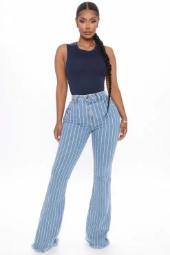 Fashion Nova Crossed The Line Striped Flare Jeans - Light Blue Wash