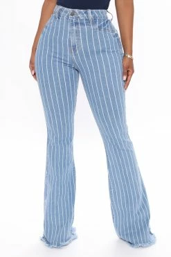 Fashion Nova Crossed The Line Striped Flare Jeans - Light Blue Wash