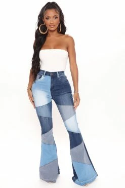 Fashion Nova Fixed You Up Patchwork Flare Jeans - Blue/combo